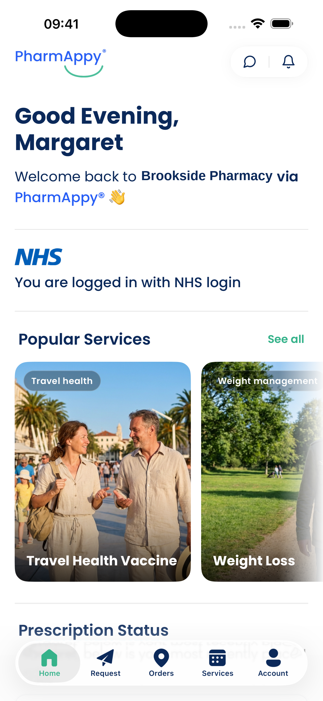 The Brookside app on PharmAppy, showing NHS login, popular services and prescription status