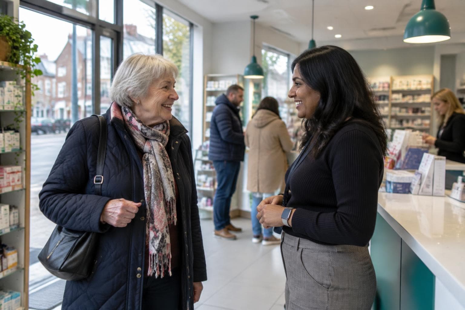 A customer being welcomed by her local pharmacy team